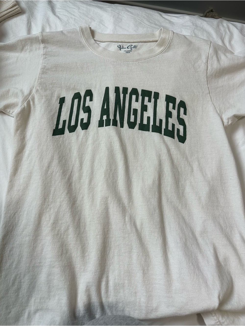 Brandy Melville Cream Tee with Dark Green 'LOS ANGELES' Print